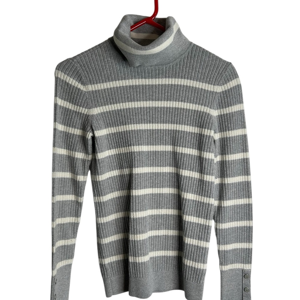 Talbots Women’s Size XS Turtleneck Sweater Gray White Silver Striped 5994